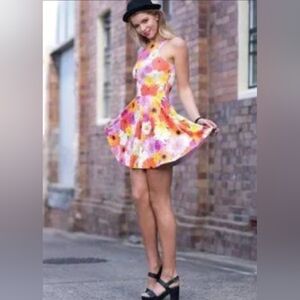 Blackmilk Floral Halter Skater Dress in Orange, Pink, White, & Yellow Size Small